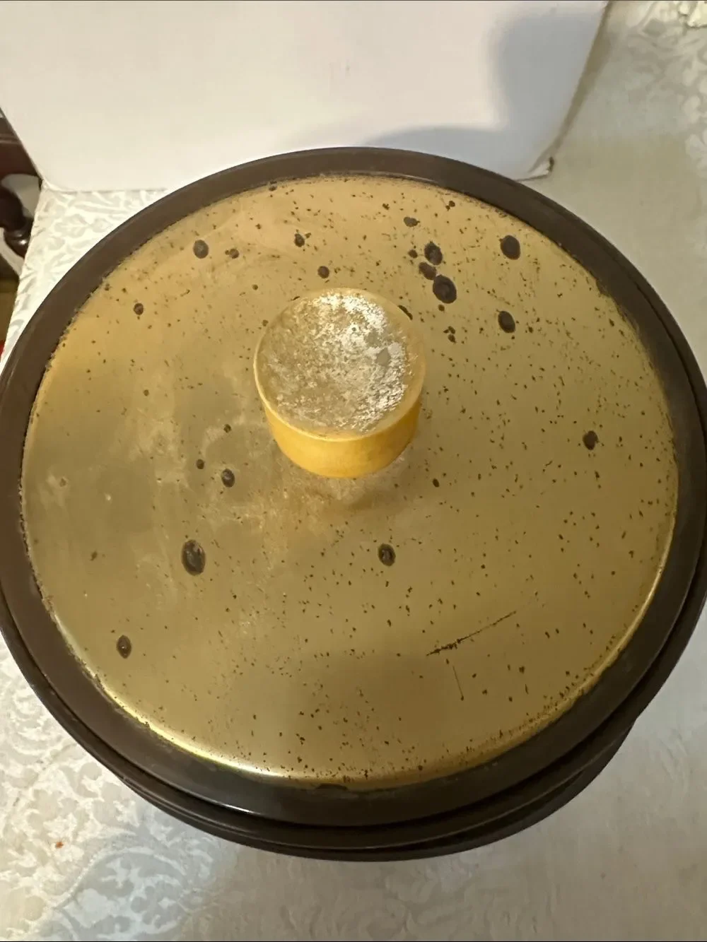 Brown Faux-Wood Ice Bucket with Handle and Yellow Knob